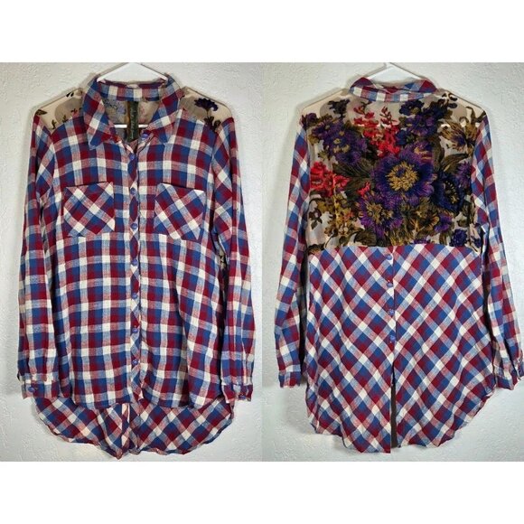 Aratta Silent Journey Womens Top Size Large Checkered Floral Velvet Sheer Boho - Picture 1 of 5
